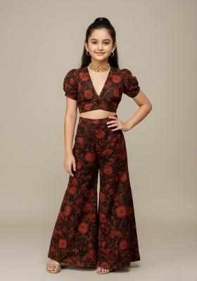 Girls Black Floral Print Chiffon Fusion Set