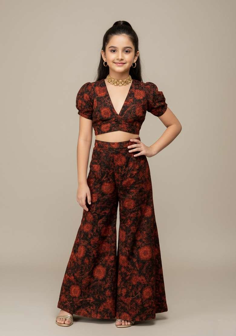 Girls Black Floral Print Chiffon Fusion Set - Indya