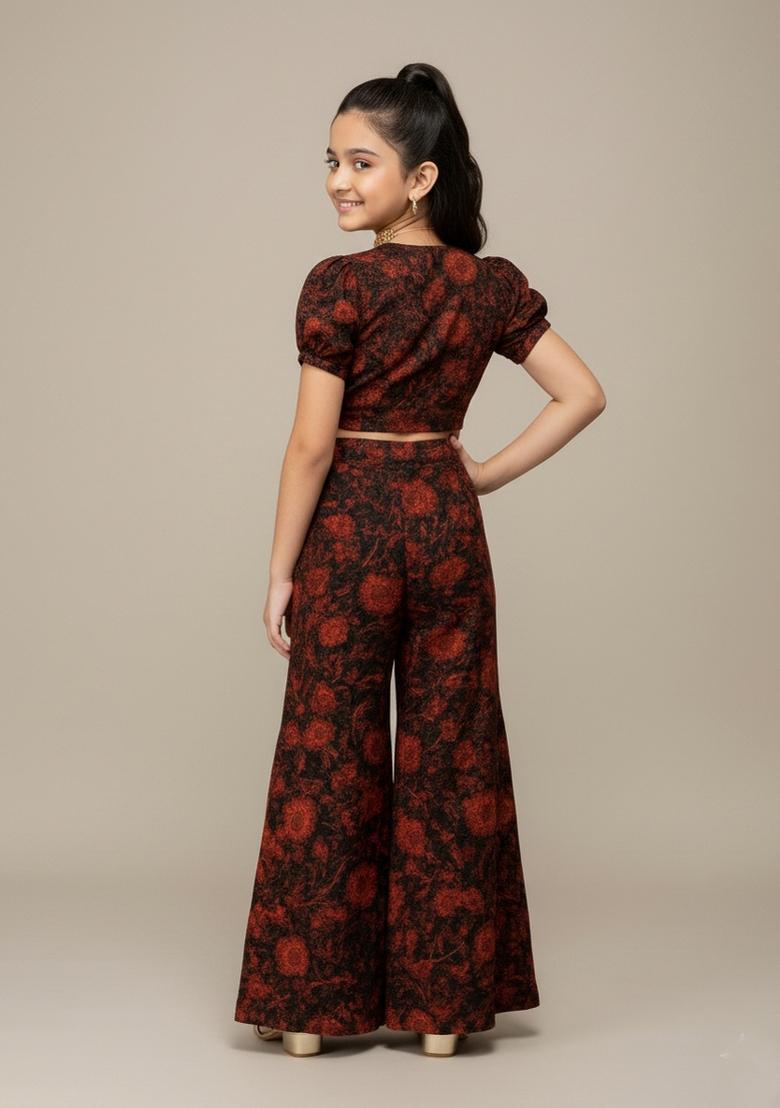 Girls Black Floral Print Chiffon Fusion Set - Indya