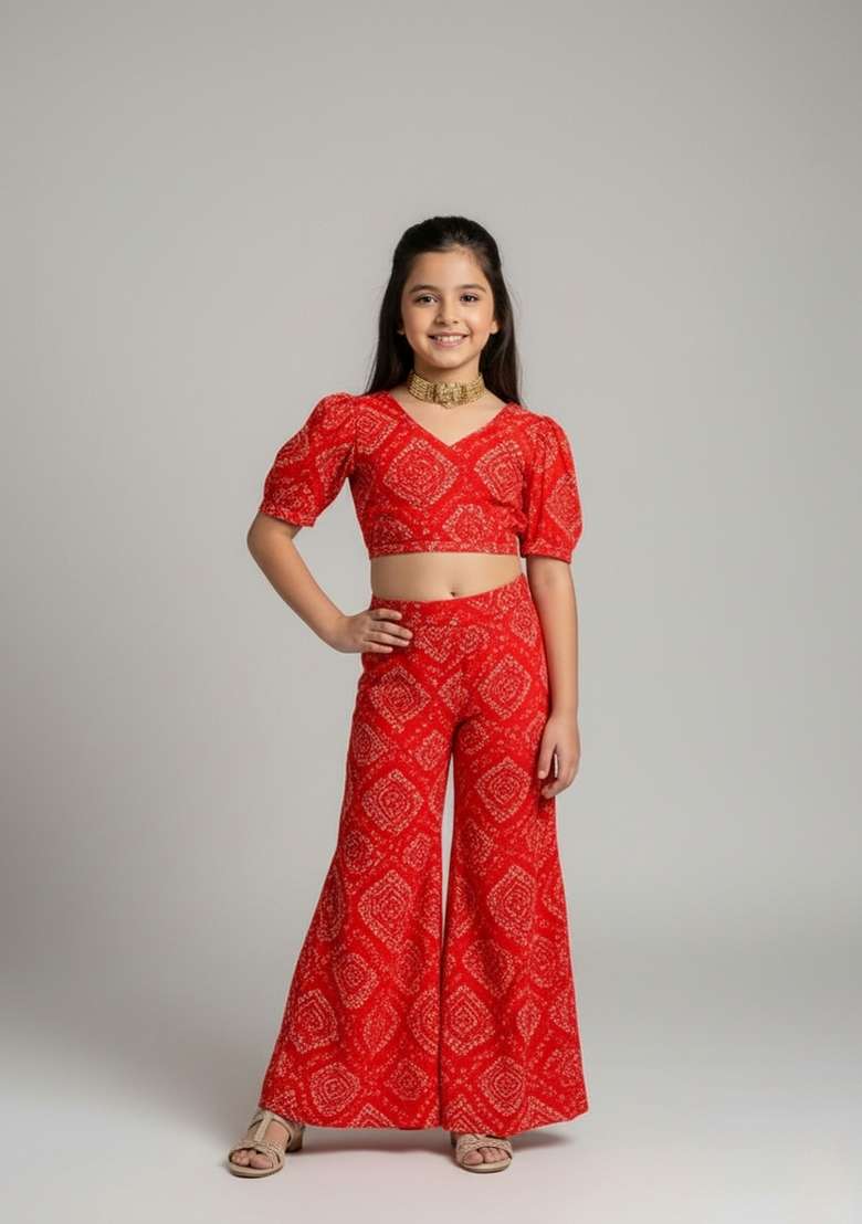 Girls Tomato Red Figure Print Chiffon Fusion Set - Indya