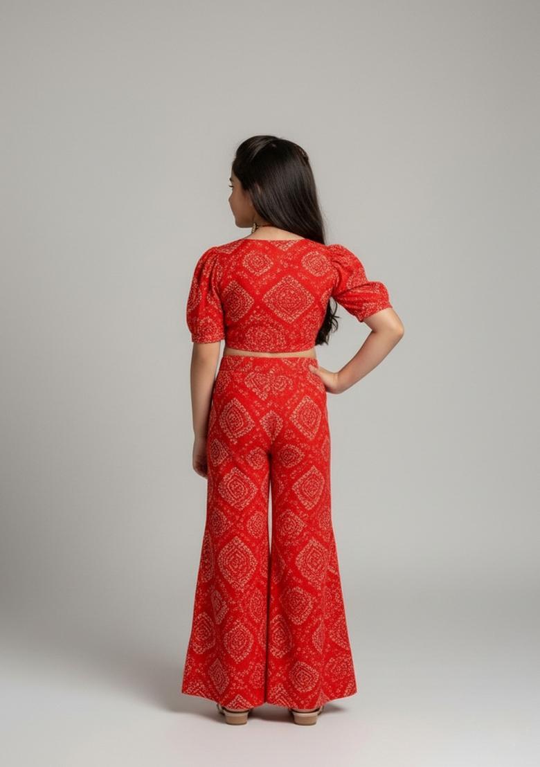 Girls Tomato Red Figure Print Chiffon Fusion Set - Indya