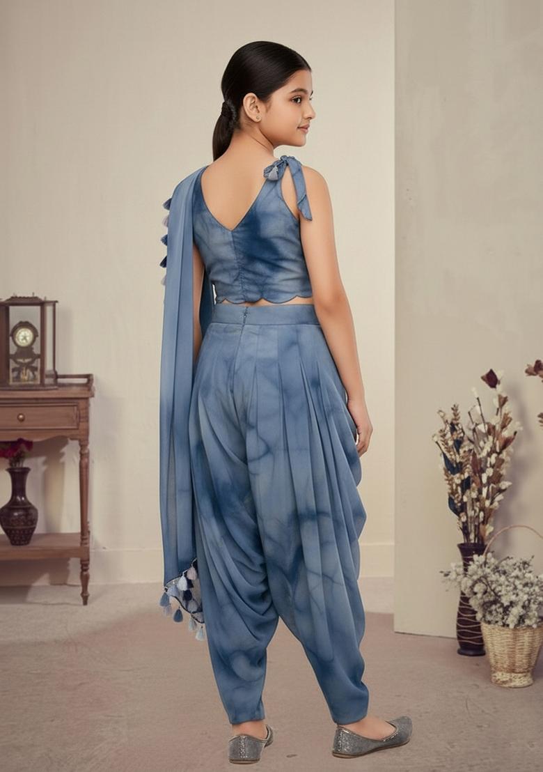 Girls Blue Floral Print Fusion Set - Indya