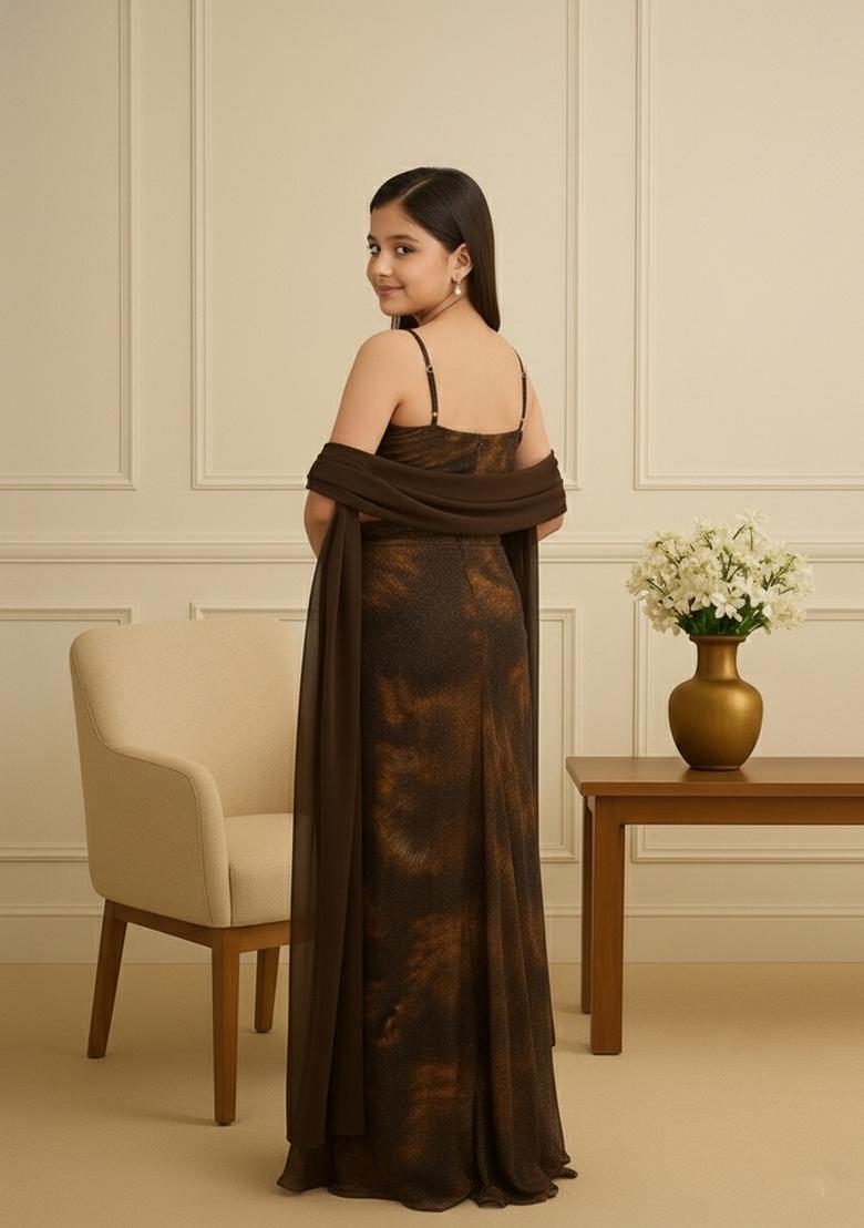 Girls Copper Abstract Print Pleated Lurex Fusion Set - Indya