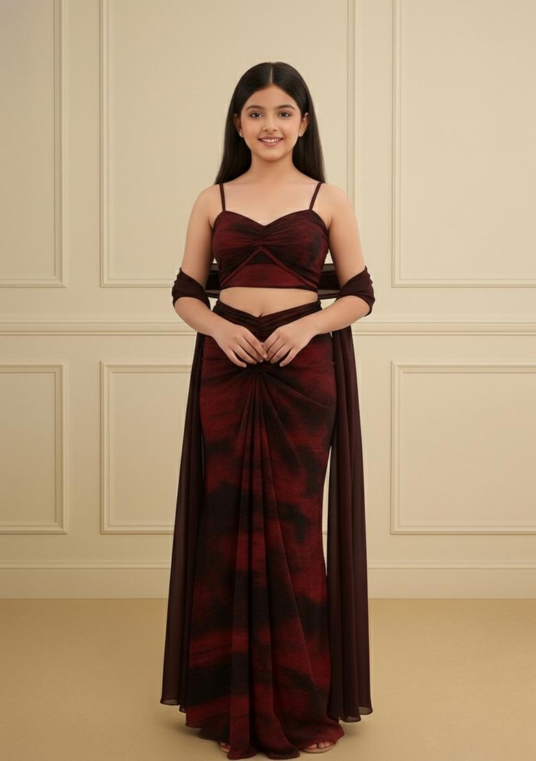 Girls Multicolor Abstract Print Pleated Lurex Fusion Set