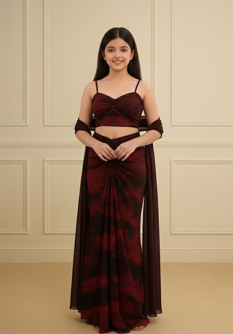 Girls Multicolor Abstract Print Pleated Lurex Fusion Set