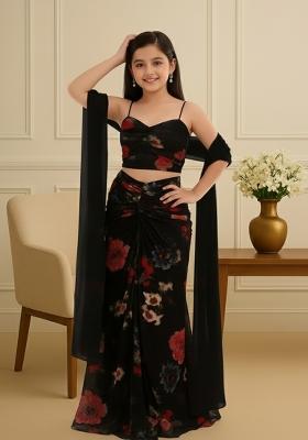 Girls Brown Floral Print Pleated Lurex Fusion Set