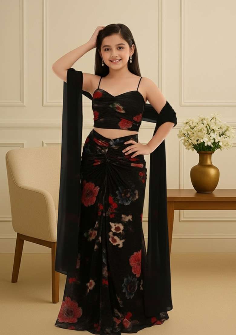 Girls Brown Floral Print Pleated Lurex Fusion Set - Indya