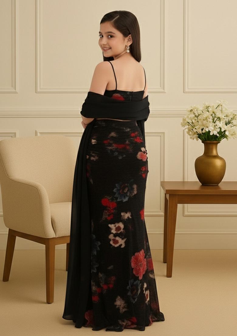 Girls Brown Floral Print Pleated Lurex Fusion Set - Indya