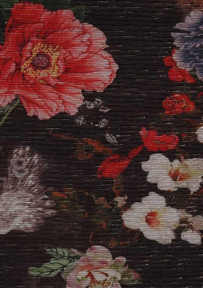 Girls Brown Floral Print Pleated Lurex Fusion Set - Indya