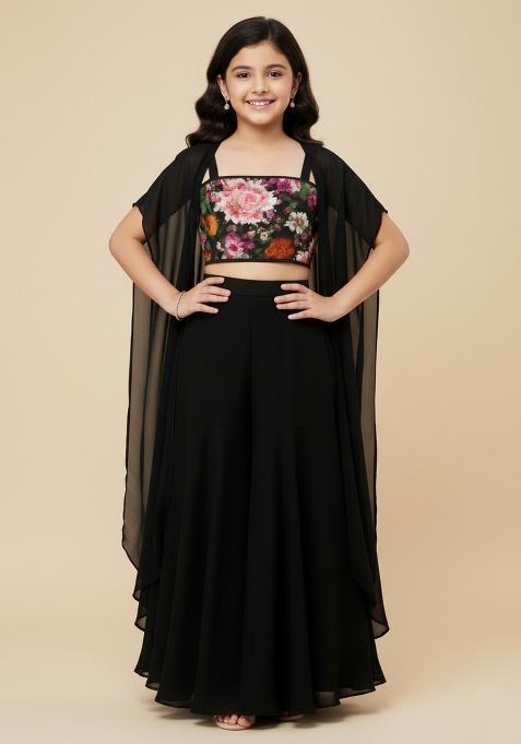 Girls Black Sequin Georgette Fusion Set