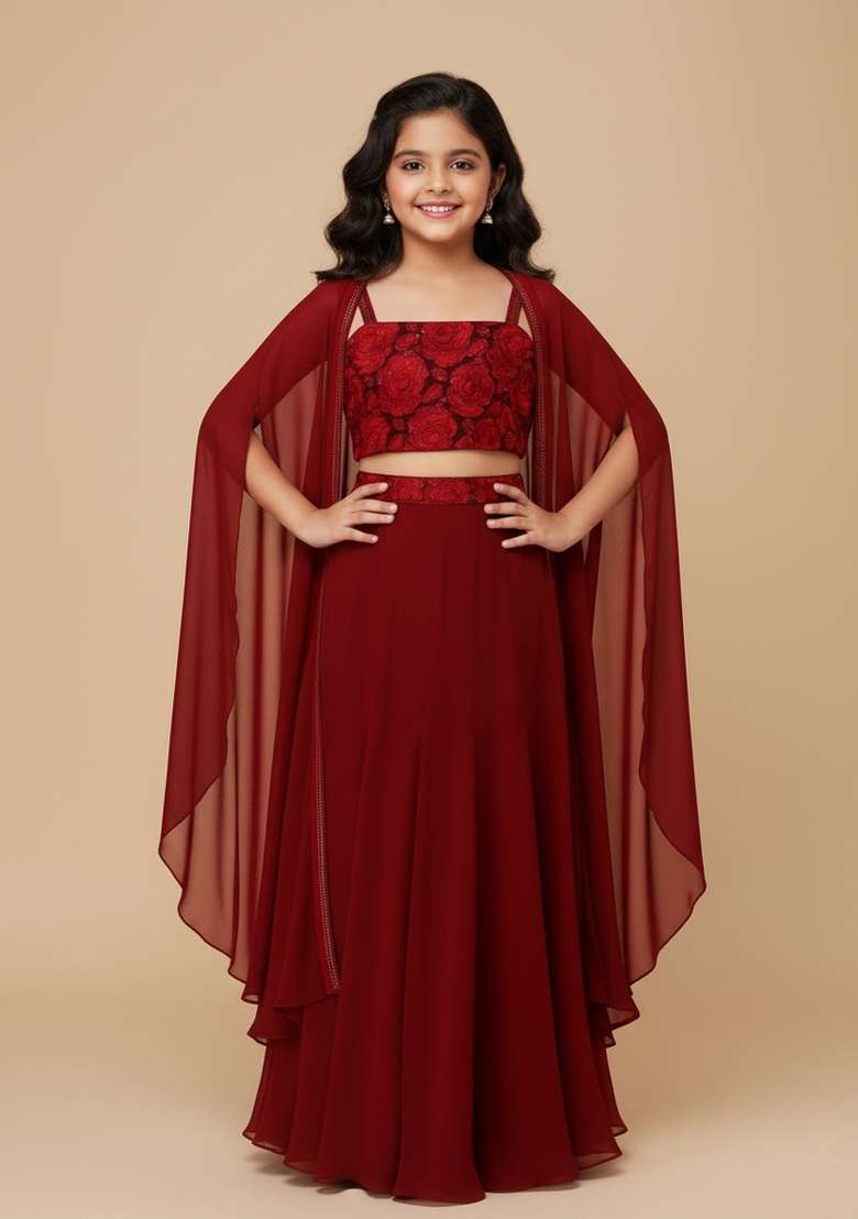 Girls Maroon Sequin Georgette Fusion Set - Indya