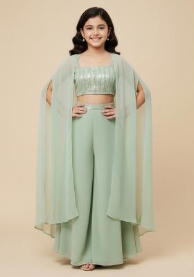 Girls Sage Green Embellished Georgette Fusion Set