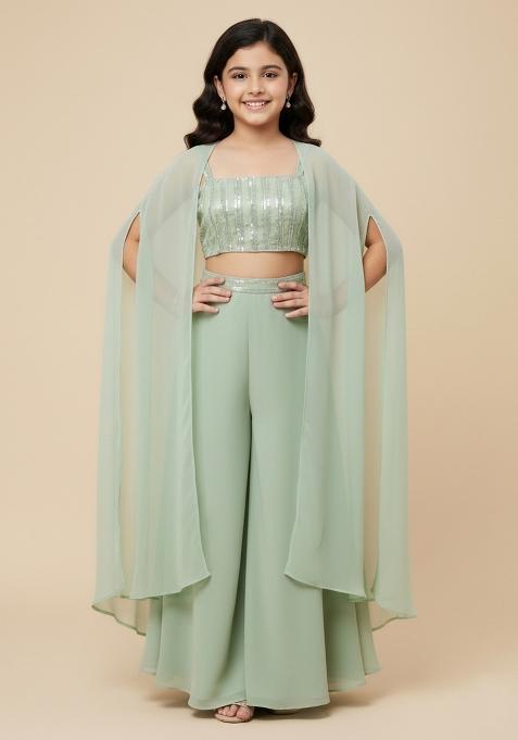 Girls Sage Green Embellished Georgette Fusion Set