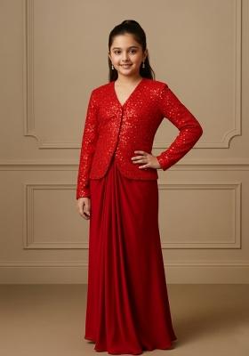 Girls Red Embellished Satin Fusion Set