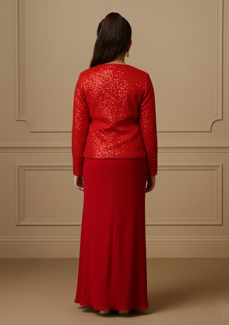 Girls Red Embellished Satin Fusion Set