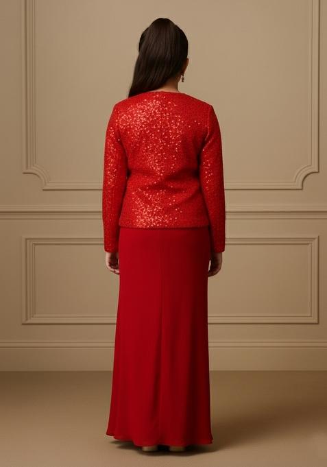 Girls Red Embellished Satin Fusion Set