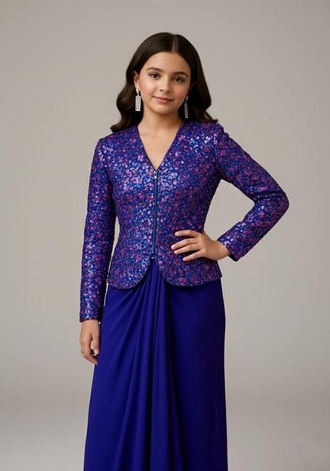 Girls Royal Blue Embellished Satin Fusion Set