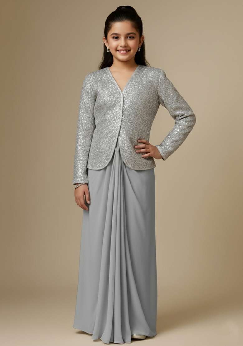 Girls Grey Embellished Satin Fusion Set - Indya