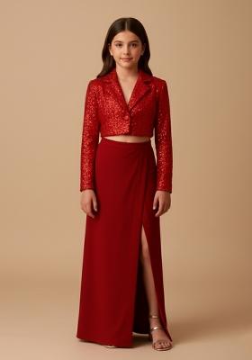 Girls Red Embellished Satin Fusion Set