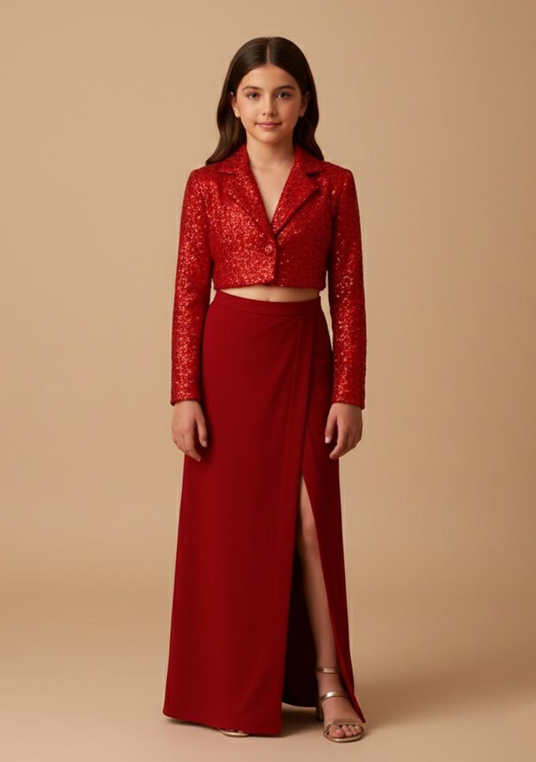 Girls Red Embellished Satin Fusion Set