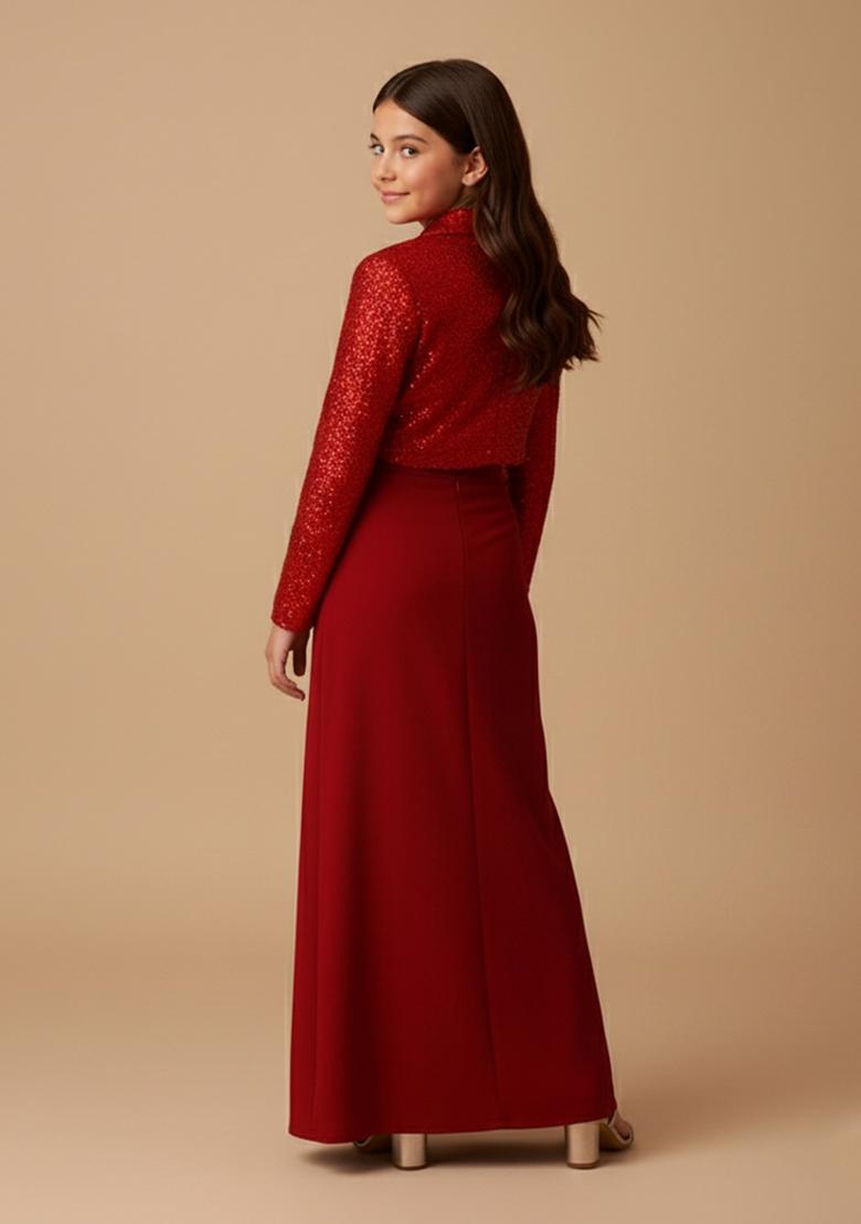 Girls Red Embellished Satin Fusion Set