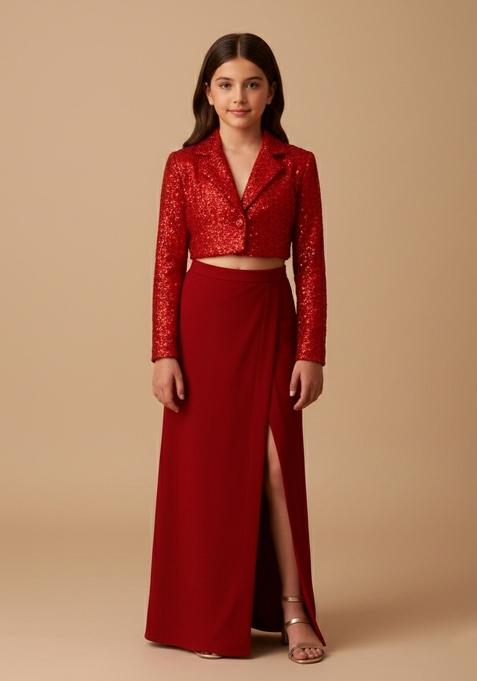 Girls Red Embellished Satin Fusion Set