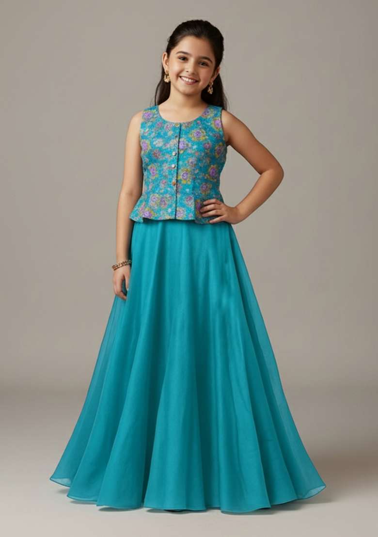 Girls Sky Blue Embroidered Crepe Fusion Set - Indya