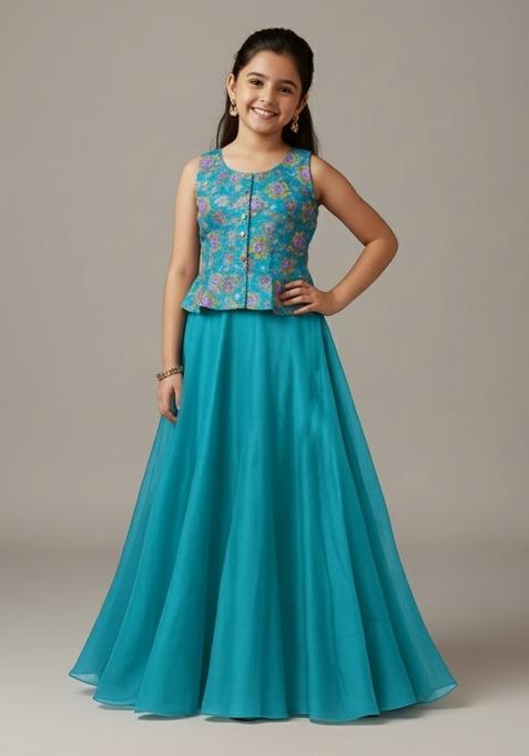 Girls Sky Blue Embroidered Crepe Fusion Set