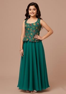 Girls Teal Green Embroidered Crepe Fusion Set