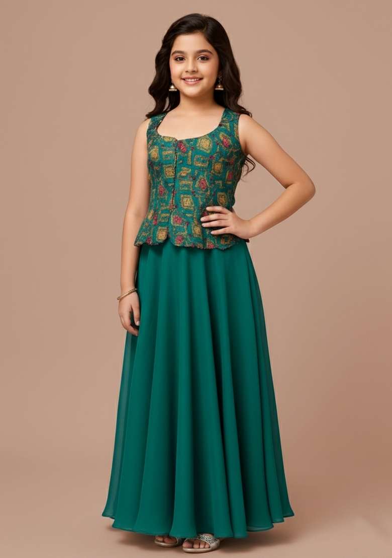 Girls Teal Green Embroidered Crepe Fusion Set - Indya