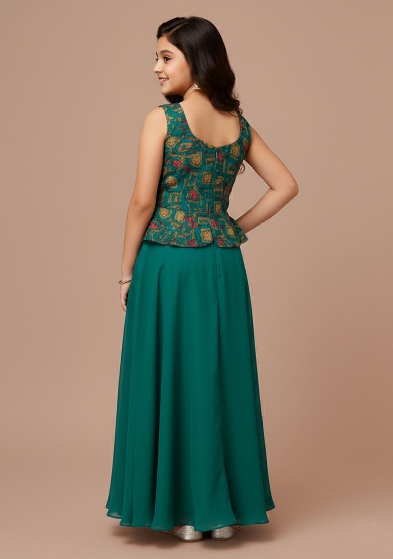 Girls Teal Green Embroidered Crepe Fusion Set - Indya