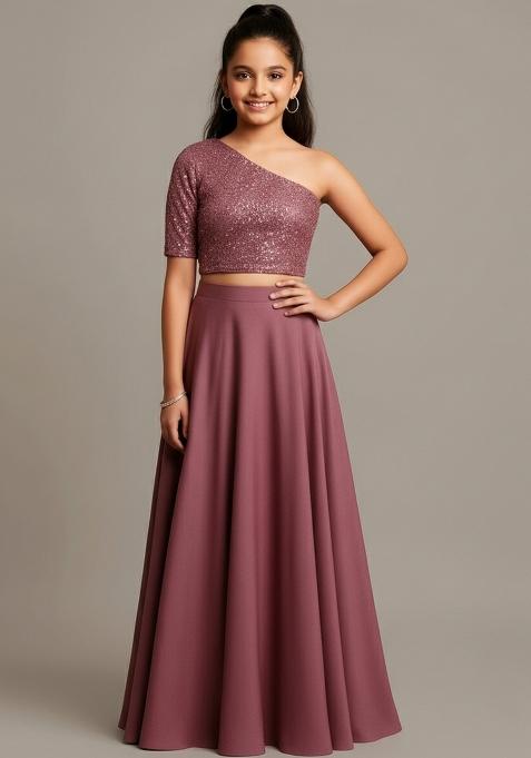 Girls Pink Embroidered Georgette Fusion Set