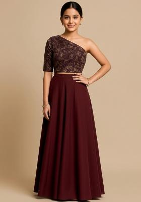 Girls Brown Embroidered Georgette Fusion Set