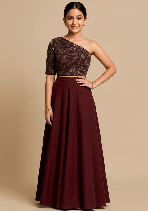 Girls Brown Embroidered Georgette Fusion Set