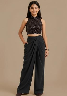 Girls Black Embroidered Crepe Fusion Set