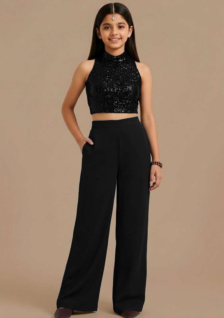 Girls Black Embroidered Crepe Fusion Set - Indya