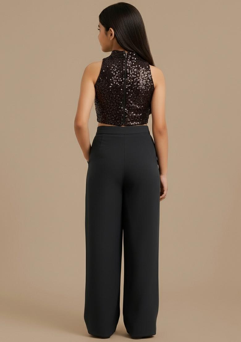 Girls Black Embroidered Crepe Fusion Set - Indya