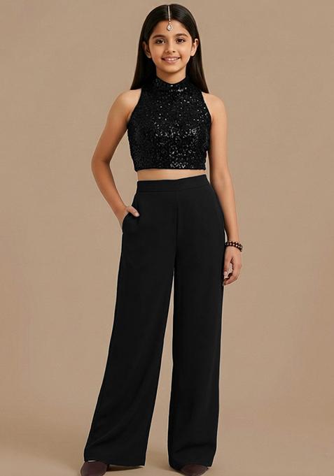 Girls Black Embroidered Crepe Fusion Set