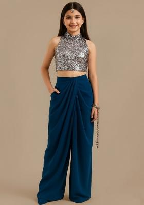 Girls Blue Embroidered Crepe Fusion Set