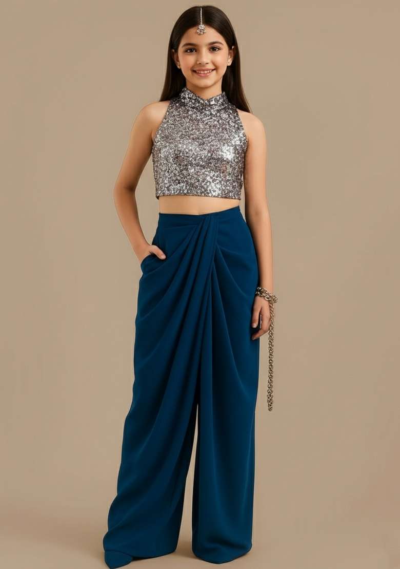 Girls Blue Embroidered Crepe Fusion Set - Indya