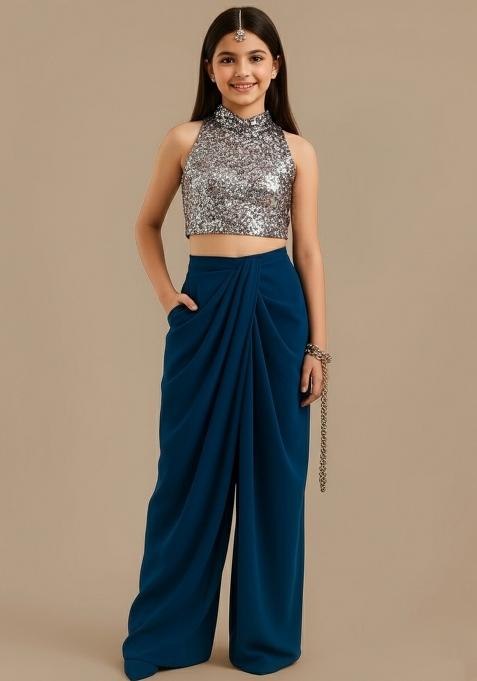 Girls Blue Embroidered Crepe Fusion Set