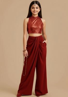 Girls Red Embroidered Crepe Fusion Set