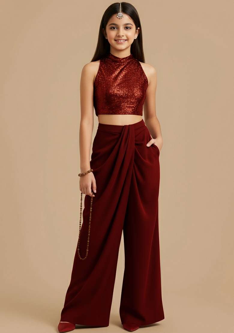 Girls Red Embroidered Crepe Fusion Set - Indya