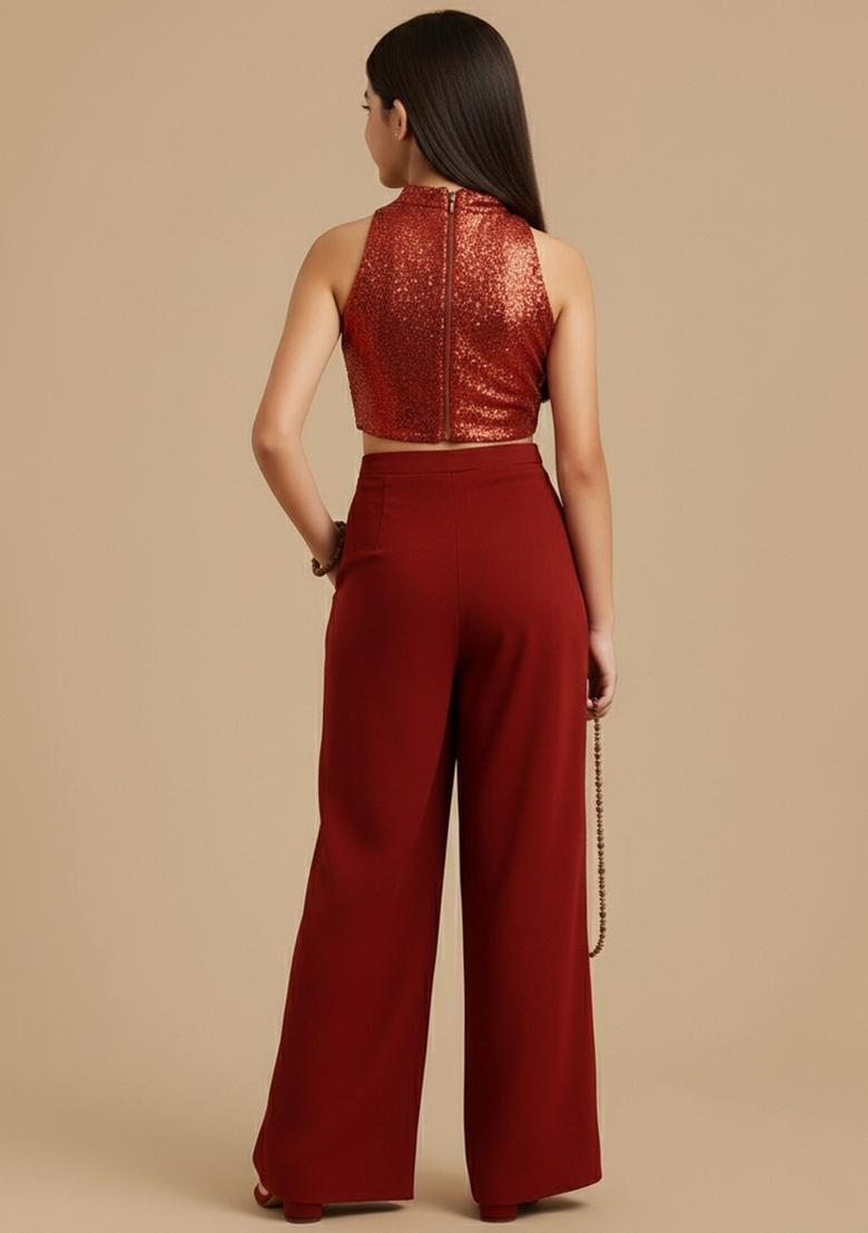 Girls Red Embroidered Crepe Fusion Set - Indya