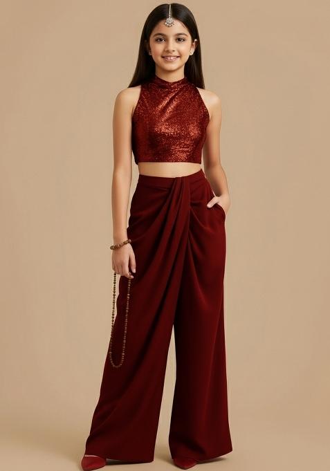 Girls Red Embroidered Crepe Fusion Set