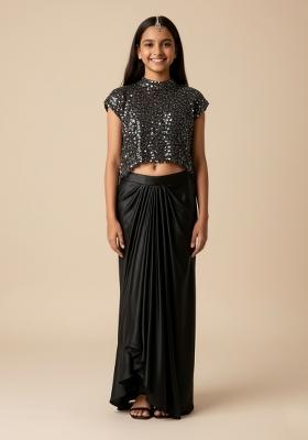 Girls Black Sequin Crepe Fusion Set