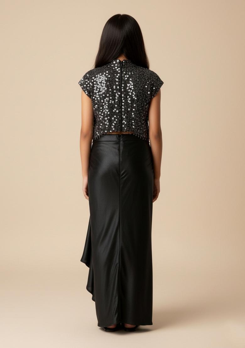 Girls Black Sequin Crepe Fusion Set - Indya