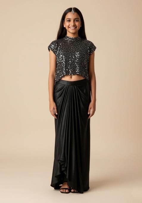 Girls Black Sequin Crepe Fusion Set