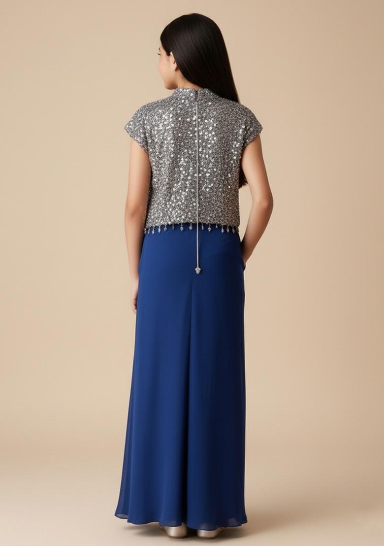 Girls Blue Sequin Crepe Fusion Set - Indya