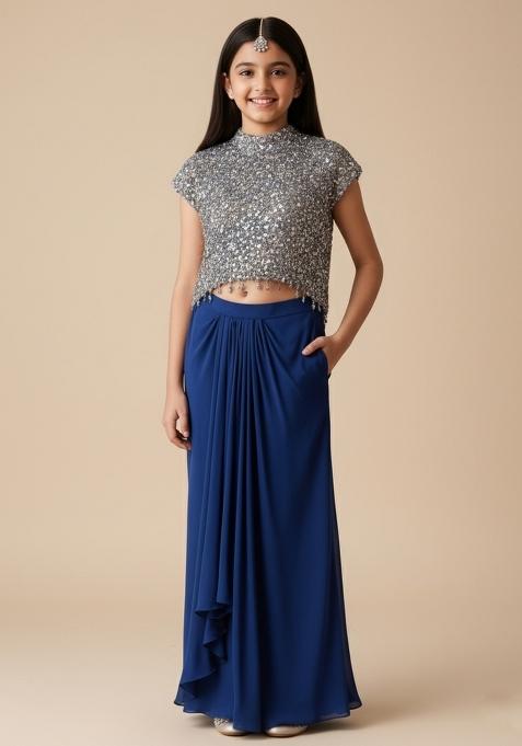 Girls Blue Sequin Crepe Fusion Set